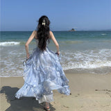 2025 Coffee break  blue suspender dress women's summer new seaside vacation beach dress sunset fairy skirt
