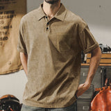 KKBOXLY 2025 Across the summer new men's washed lapel button T-shirt heavy oversize retro brown casual short sleeves