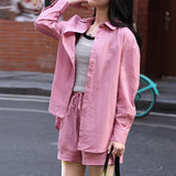 Loose casual linen cotton set  spring and summer Korean version solid color shirt lapel cardigan shorts two-piece set