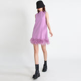 2025 Niche design sense solid color A-shaped skirt  spring round neck sleeveless hem ostrich hair decorative loose dress