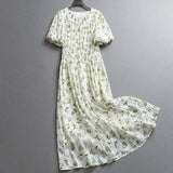Floral shrunken pleats elastic waist slim slim body round neck lantern sleeves a word long skirt short sleeve women's dress dress Z056