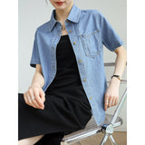 Customized cotton denim short sleeves 2025 summer fashionable and comfortable versatile retro commuting temperament loose short sleeved shirt