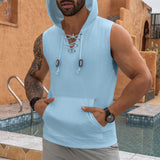 KKBOXLY Hot trade New summer new 2025 young men's casual jacquard knitted hooded lace-up T-shirt sleeveless vest