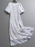 Floral shrunken pleats elastic waist slim slim body round neck lantern sleeves a word long skirt short sleeve women's dress dress Z056