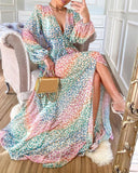 New summer new  women's clothing deep V split color leopard print casual dress, long dress