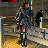 2025 Popular, New Spring and Autumn Casual Comfortable Fresh Printed Lapel Bubble Sleeve Shirt Lace Short Skirt Two-piece Set