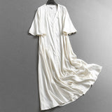 Solid color loose pleated thin cotton and linen long dress summer new temperament V-neck short-sleeved shirt dress dress X829