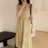 Summer new vacation style double-layer splicing dress woven cotton waist pleated A-shaped skirt sleeveless V-neck suspender skirt