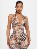 New summer new wild elegant dark v contrasting color neck strap backless leopard print jumpsuit