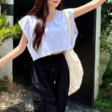 Summer cotton casual T-shirt women's new splicing V-neck shoulder sleeves loose casual versatile short blouse top