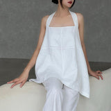 Design sense linen sling vest women's inner wear neck summer vacation backless strap sexy sleeveless top with split ends