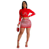 2025 C7128    Popular and  Fashion Women's Clothing Long Sleeve Sexy Hip Wrap Short Skirt Hot Diamond Two-piece Set