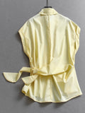 Solid color wrapped cuffs flanged lapel small flying sleeves  summer new versatile casual women's shirt C064
