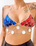 2025  LH4233  sexy acrylic sequin splicing metal chain multi-layer wave neck small vest body chain