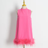 2025 Niche design sense solid color A-shaped skirt  spring round neck sleeveless hem ostrich hair decorative loose dress