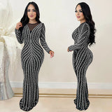 2025 C7176    Popular and  Fashion Women's Clothing Hot Diamond Slim-fit Long Dress Long Sleeve Mesh Dress