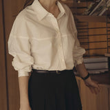 Spring cotton women's shirt versatile casual solid color lapel cardigan  simple loose long-sleeved shirt