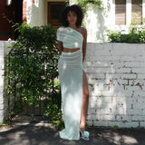 2025 G25DS001  New women's clothing  summer new mesh off-the-shoulder perspective irregular diagonal span dress