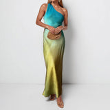 2025 New women's clothing  new  satin feeling slanted shoulder backless sexy tie-dye gradual change dress women