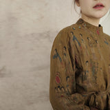 high-end stand-up collar lady printed rain and dew hemp medium and long shirt, national style retro wide-sleeved top S23050