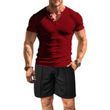 KKBOXLY 2025 summer new men's sports elastic T-shirt n trend Henry shirt casual short-sleeved shorts suit men