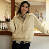 College style POLO collar design sweater women's autumn and winter new half-open button long-sleeved top contrasting color embroidered jumper