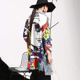 New new women's denim trench coat fashion abstract creative pattern splicing loose washing denim jacket