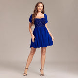 2025new women's one-word shoulder tube top type halter chiffon splicing sequined short dress ball dress