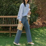 spring new cotton long-sleeved shirt single-breasted round neck placket design top blue striped shirt
