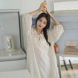 Korean new gentle tea break floral color dot pure cotton gauze nightdress skin-friendly soft and comfortable crepe long-sleeved skirt