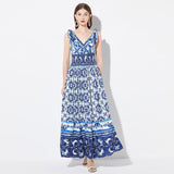 Summer New Women's Clothing Blue and White Porcelain Positioning Printing Elastic Wrap Waist Vest Long Skirt V-Neck Dress