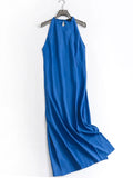 X842 solid color slim slim round neck white flowing long dress autumn new 2023 commuter women's skirt dress