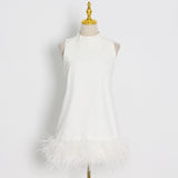 2025 Niche design sense solid color A-shaped skirt  spring round neck sleeveless hem ostrich hair decorative loose dress