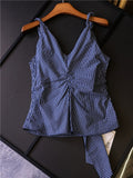 Contrast color plaid, slim, pinch pleats, wrap streamers  summer new sleeveless shirt women's vest X863