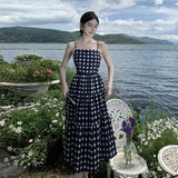 2025 Polka dot print suspender dress for women's sexy backless leisure vacation high waist and thin seaside atmosphere long dress