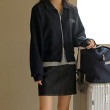 Simple casual letter embroidered jacket spring and autumn new double-headed zipper lapel top long-sleeved fleece sweater cardigan