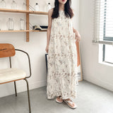 Designer original design linen suspender skirt, heavy industry niche cotton and linen A-shaped long skirt printed lace-up dress