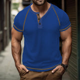 KKBOXLY 2025 Summer New Men's Casual T-Shirt Men's  n Heavy Waffle Crew Neck Button Versatile Solid Color Short Sleeve
