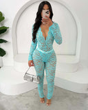 new New fashion solid color slim-fitting sexy lace hollow deep V perspective long-sleeved top trousers set
