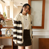Contrasting striped knitted cardigan women's clothing design sense single-breasted spring and autumn top lazy casual long-sleeved woolen jacket