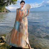 2025 smudge holiday style suspender skirt women's summer new flower organ pleated temperament lazy suspender dress