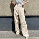 High-waisted drawstring elastic-waisted cotton and linen floor-mopping trousers  spring new casual breathable and thin niche wide-leg trousers