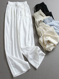 Solid color drape strap-up elastic waist loose straight-leg pants thin commuter versatile wide-leg pants casual pants women's pants Z033