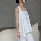 Design sense linen sling vest women's inner wear neck summer vacation backless strap sexy sleeveless top with split ends