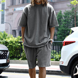 KKBOXLY 2025 popular  knitted rough edge casual men's suit loose short-sleeved men's T spring and summer shorts solid color men's clothing