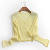 I862 solid color threaded elastic ice-feeling thin short outer air-conditioned shirt summer new long-sleeved women's knitted sweater