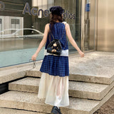 Small fresh blue plaid splicing straps neck vest cake skirt two-piece set women's suspender top C0217