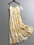 Color Printing Shrinking pleats waist slim slim fit round neck streamer elegant temperament suspender skirt women's dress dress X076