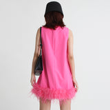 2025 Niche design sense solid color A-shaped skirt  spring round neck sleeveless hem ostrich hair decorative loose dress