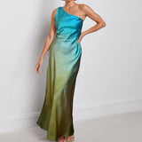 2025 New women's clothing  new  satin feeling slanted shoulder backless sexy tie-dye gradual change dress women